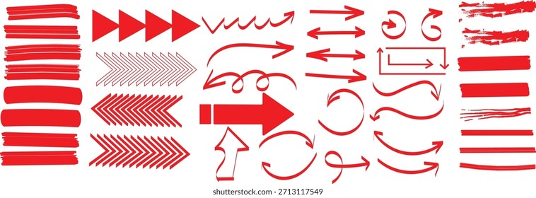 Sammlung von verschiedenen roten handgezeichneten Pfeilen und Markierstriche für Design und Richtungsbetonung hervorheben.	