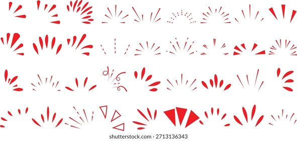 Colección de varios rayos de sol dibujados a mano rojos y Elementos de explosión de estrellas para acentos de Diseño gráfico