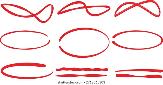 Collection of various red hand drawn abstract shapes and elliptical lines used for highlighting important text elements.