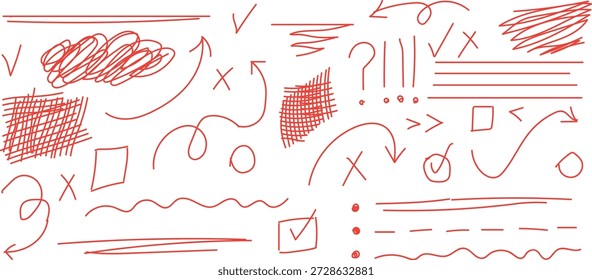 coleção de vários elementos e símbolos de rabiscar vermelhos, desenhados à mão, provavelmente destinados a anotações ou fins de design.