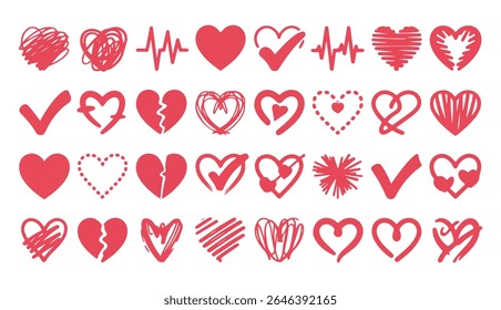 A collection of various red heart icons, including solid, sketched, dotted, broken, and electrocardiogram line designs, all isolated on a clean white background.