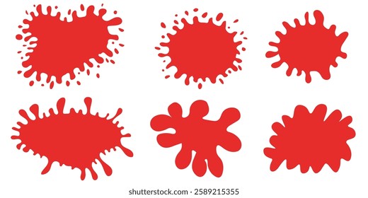 Coleção de vários projetos de Splatter de tinta vermelha com formas e padrões exclusivos. Design de vetor gráfico com seis desenhos de splatter de tinta vermelha distinta em um fundo branco, perfeito para arte 