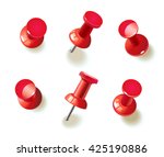 Collection of various red push pins. Thumbtacks. Top view. Vector illustration. Isolated on white background. Set. Front view. Top view. Close up.