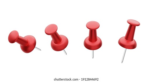 Collection of various red push pins isolated on white background. Set of thumbtacks. Top view.  Vector illustration. 