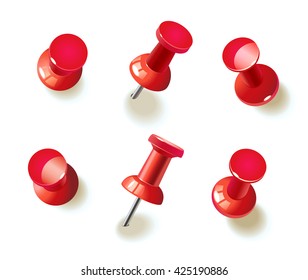 Collection of various red push pins. Thumbtacks. Top view. Vector illustration. Isolated on white background. Set. Front view. Top view. Close up.