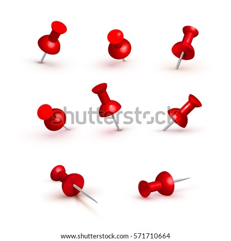 Collection of various red push pins. Thumbtacks. Top view. Front view. Close up. Vector illustration. Isolated on white background. 