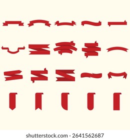 Collection of various red ribbon shapes, perfect for design elements, decorations, or templates.  They are in a flat style and present in different shapes.