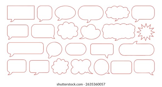 Coleção de várias formas de bolhas de fala vermelhas isoladas em um fundo branco para comunicação
