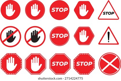 Sammlung von verschiedenen roten Stoppschildern und Warnschildern mit weißen Handsymbolen und Text einzeln auf weißem Hintergrund.