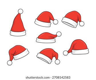 A collection of various red and white Santa hats depicted in a cartoon-like graphic style.