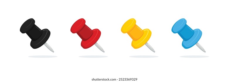 Coleção de vários pinos de pressão vermelhos, amarelos pretos e azuis isolados no fundo branco. Conjunto de thumbtacks. Feche. Ilustração de vetor de estilo plano Pin Tack.