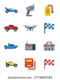 A collection of various remote control toys including cars, drones, boats, and accessories.