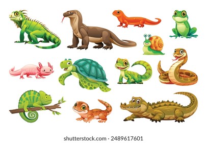 Colección de varios reptiles incluyendo iguana, serpiente y tortuga. Vector ilustración de dibujos animados