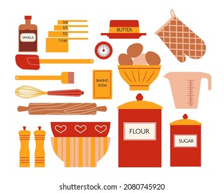 Collection of various retro baking stuff and kitchen tools. Vector illustration in flat style. All elements are isolated on white background.