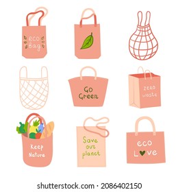 Collection of various reusable recyclable bags. Eco friendly shoppers. Modern flat illustration isolated on white background