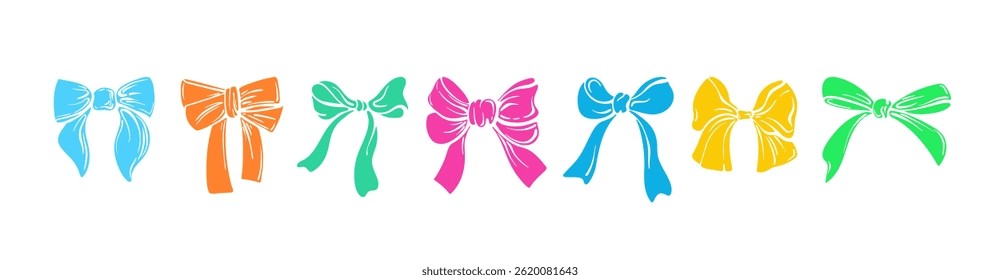 Collection of various ribbon. Girly vintage elements. Vector colorful bow, bowtie isolated on transparent bg. Vector illustration. Trendy accessories for wedding celebration, holiday, party birthday