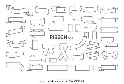 Collection of various ribbons drawn with black contour lines. Bundle of decorative tapes, bands or strips folded in different way and isolated on white background. Monochrome vector illustration.