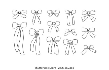 Collection of various ribbons in retro sketch style. Vector illustration of holiday bows. Hand drawn clipart for birthday, wedding, holidays, valentines day