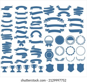 A collection of various ribbons tags laurels shields and trophies