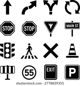 Collection of Various Road Signs and Traffic Symbols for Navigation and Safety Guidance