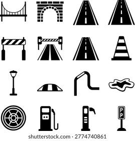 Collection of Various Road and Traffic Infrastructure Icons Featuring Bridges Tunnels Signs and Road Markings