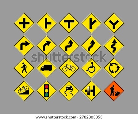 Collection of various road warning signs in a simple graphic style on a grey background, symbolizing safety and direction concepts. Vector illustration