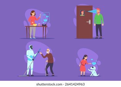Collection of various robotic interactions, depicting cooking, greeting at door, cleaning, and child engaging with robotic dog. Modern technology concept
