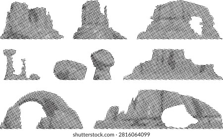 Collection of various rock formations, including mountains and arches, featuring a trendy halftone pattern on transparent background.