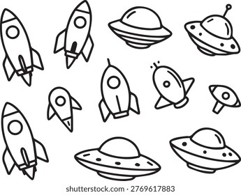 Collection of various rocket ship and alien spaceship ufo vector line art icons.