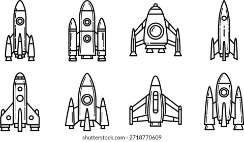 A collection of various rocket and spaceship outline icons representing space exploration and future travel