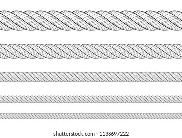 Collection of various ropes string on white background. each one is shot separately. Texture pattern seamless repeating white black