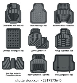 A collection of various rubber car floor mats including driver, passenger, rear, cargo, and truck liners shown on a white background.