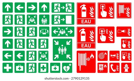 Collection of various safety signs including fire extinguishers, assembly points, medical first aid, and evacuation exit indicators on white background