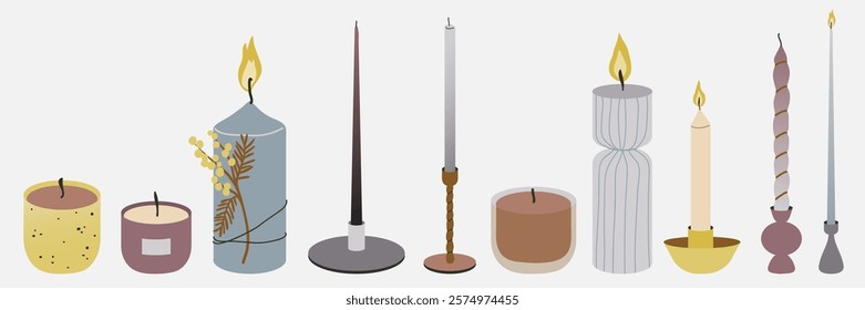 Collection of various scented aromatic  candles in modern minimalist style. Hand drawn flat vector isolated illustration set. Home decor, lifestyle, cozy interiors. Aromatherapy, relaxation concept 