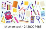 Collection of various school supplies. Set of rucksack, pencil, pen, brush, notebook, scissors, ruller, calculator, palette, paper clip. Isolated on white background. Vector illustration