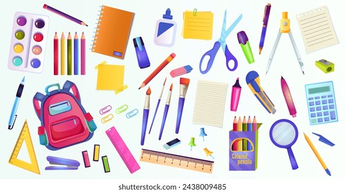 Recolección de diversos útiles escolares. Conjunto de mochila, lápiz, pluma, pincel, cuaderno, tijeras, regla, calculadora, paleta, clip de papel. Aislado sobre fondo blanco. Ilustración de vector