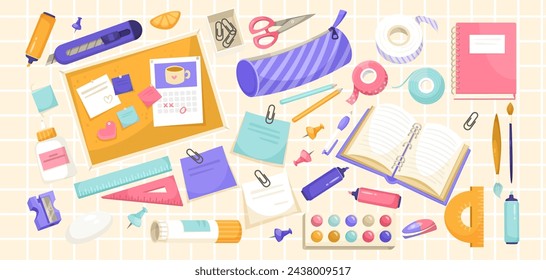 Collection of various school supplies. Set of pencil box, pencil, pen, duct tape, notebook, scissors, ruller, calculator, palette, paper clip. Isolated on tiled background. Vector illustration