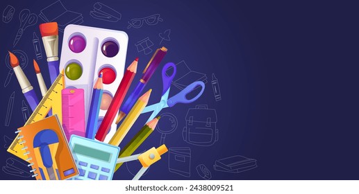 Collection of various school supply. Set of color pencil, pen, brush, scissors, ruler, calculator, palette, notebook. Studying and learning. Sketch around. Dark purple background. Vector illustration