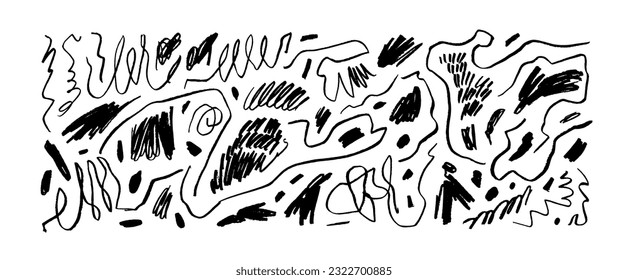 Collection various scribble lines and doodles. Hand drawn pencil curved lines, crayon drawing. Charcoal abstract elements with scratches. Vector squiggles, marker scribbles.