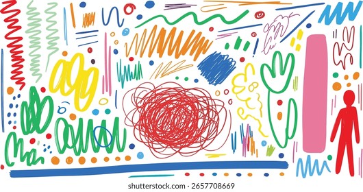 Coleciona várias linhas de rabiscos e rabiscos. Mão desenhada multi colorido lápis curvo linhas, desenho de giz de cera.