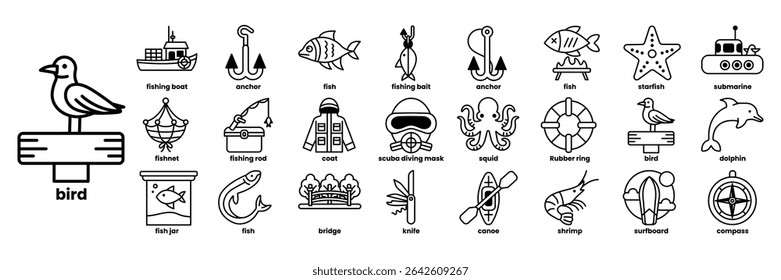 A collection of various sea creatures and objects, including a bird, fish, and a boat. The image is meant to convey a sense of adventure and exploration