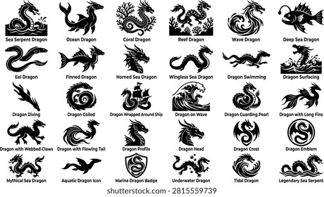 Collection of various sea and ocean dragons and mythical creatures, fantasy beasts, serpent, wave, coral, flat vector icons.