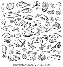 A collection of various seafood illustrations, including fish, shrimp, crabs, and shellfish, showcasing marine life diversity.