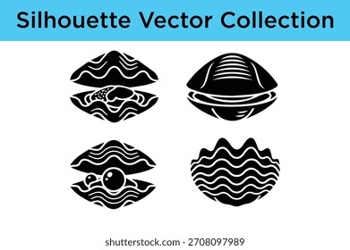 Coleção de várias silhuetas pretas de conchas e ostras, perfeito para desenhos com temas marinhos e elementos gráficos.