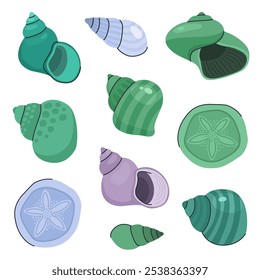 Coleção de várias conchas. Conchas verdes e azuis. Ilustração de vetor de desenhos animados.	