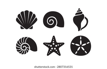 Collection of various seashells, starfish, and sand dollar icons in silhouette. Represents beach, ocean, and marine life.