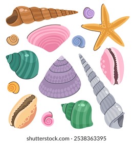 Colección de varias conchas marinas, estrellas de mar. Colección de concha. Ilustración vectorial de dibujos animados.	