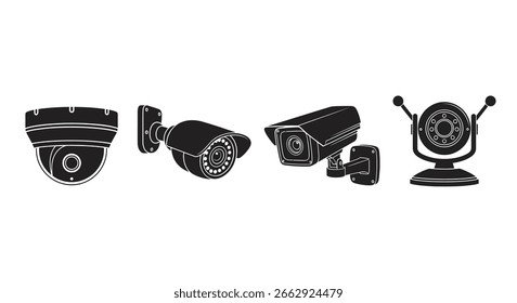 Collection of various security camera types in silhouette
