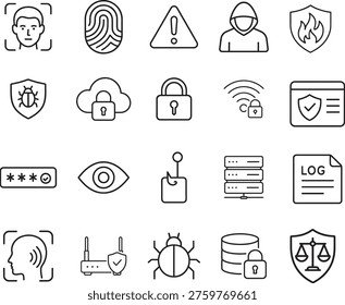 A collection of various security and protection related icons in a simple line style on a for use in digital and print materials