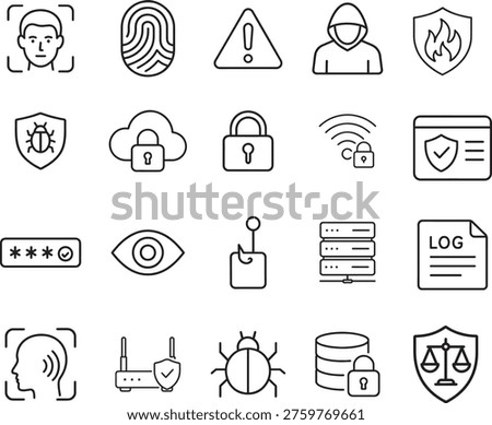 A collection of various security and protection related icons in a simple line style on a for use in digital and print materials